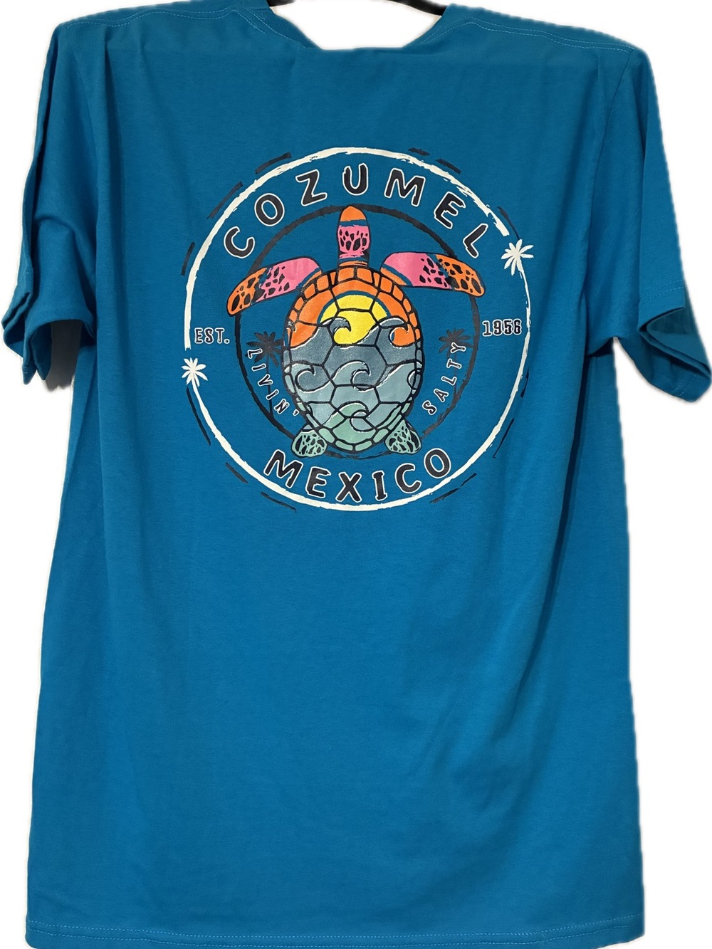Ingear Teal Blue Cozumel Mexico Short Sleeve Tee with Colorful Turtle Graphic